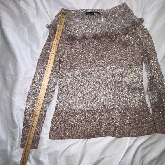 White House Black Market Sequin Sweater Boat-Neck Fringe Mink/Metallic Taupe W L - Picture 8 of 14